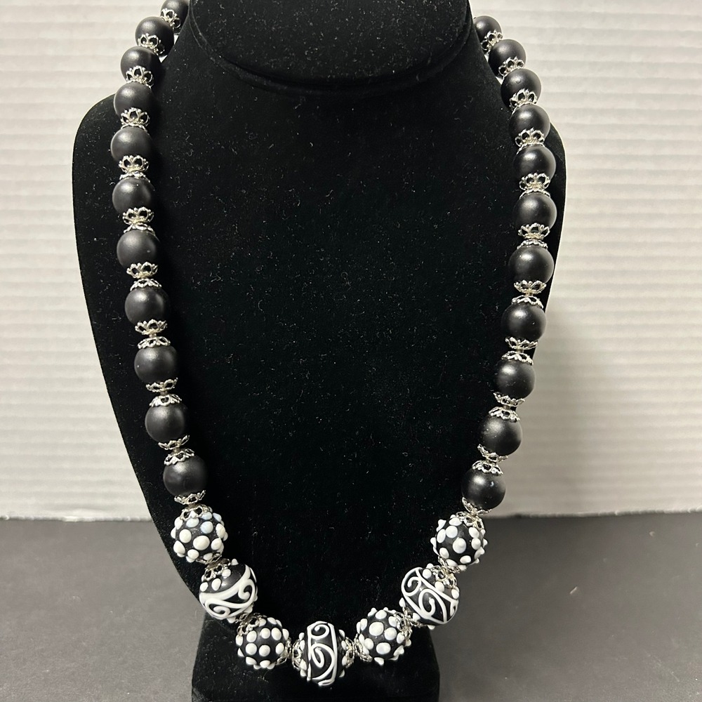 Artisan Beaded Necklace Black White Statement Beads Boho Polka Dot Swirls